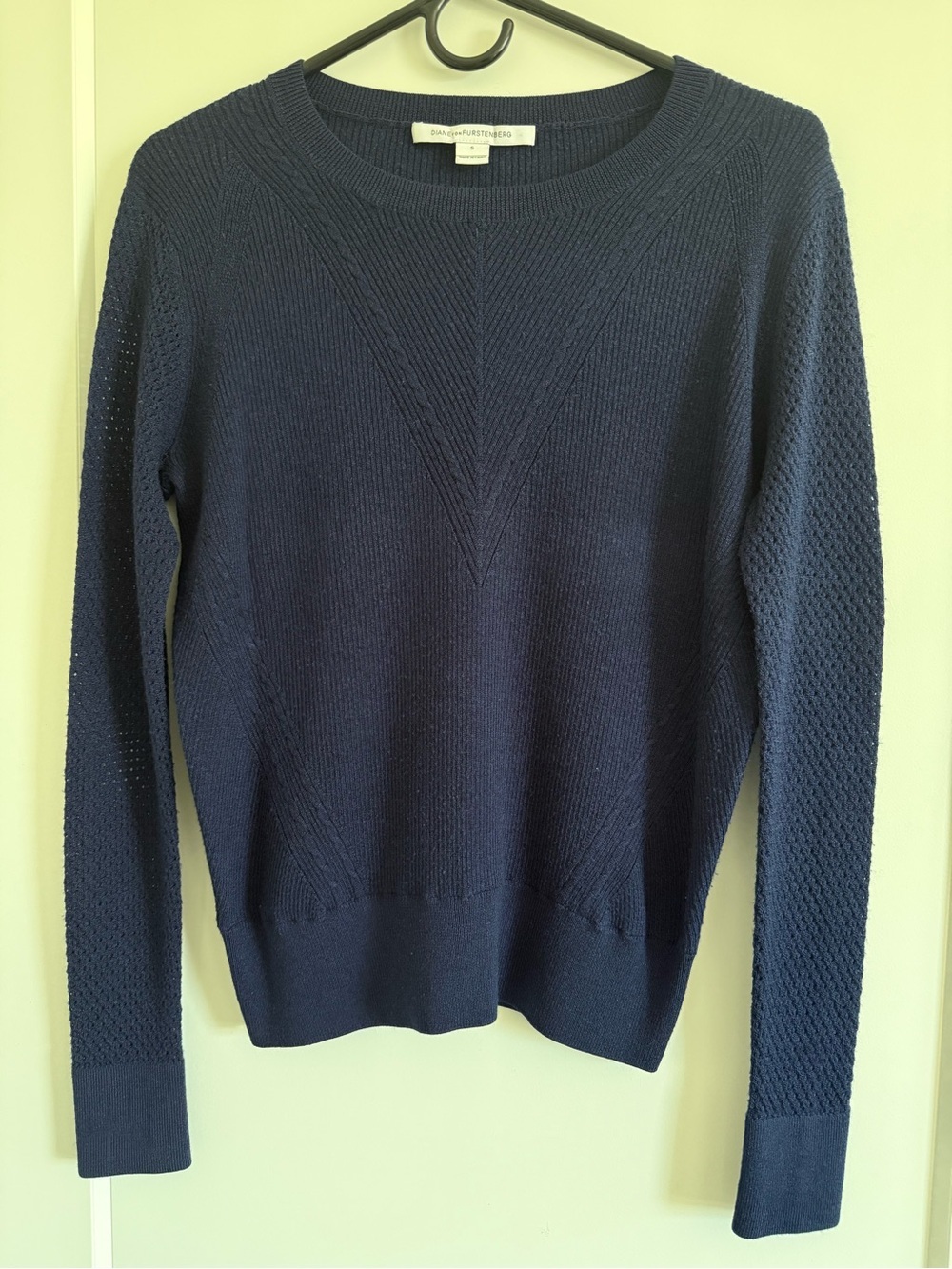 Diane Von Furstenberg Navy Crew Neck Knit Wool Silk Sweater Size S